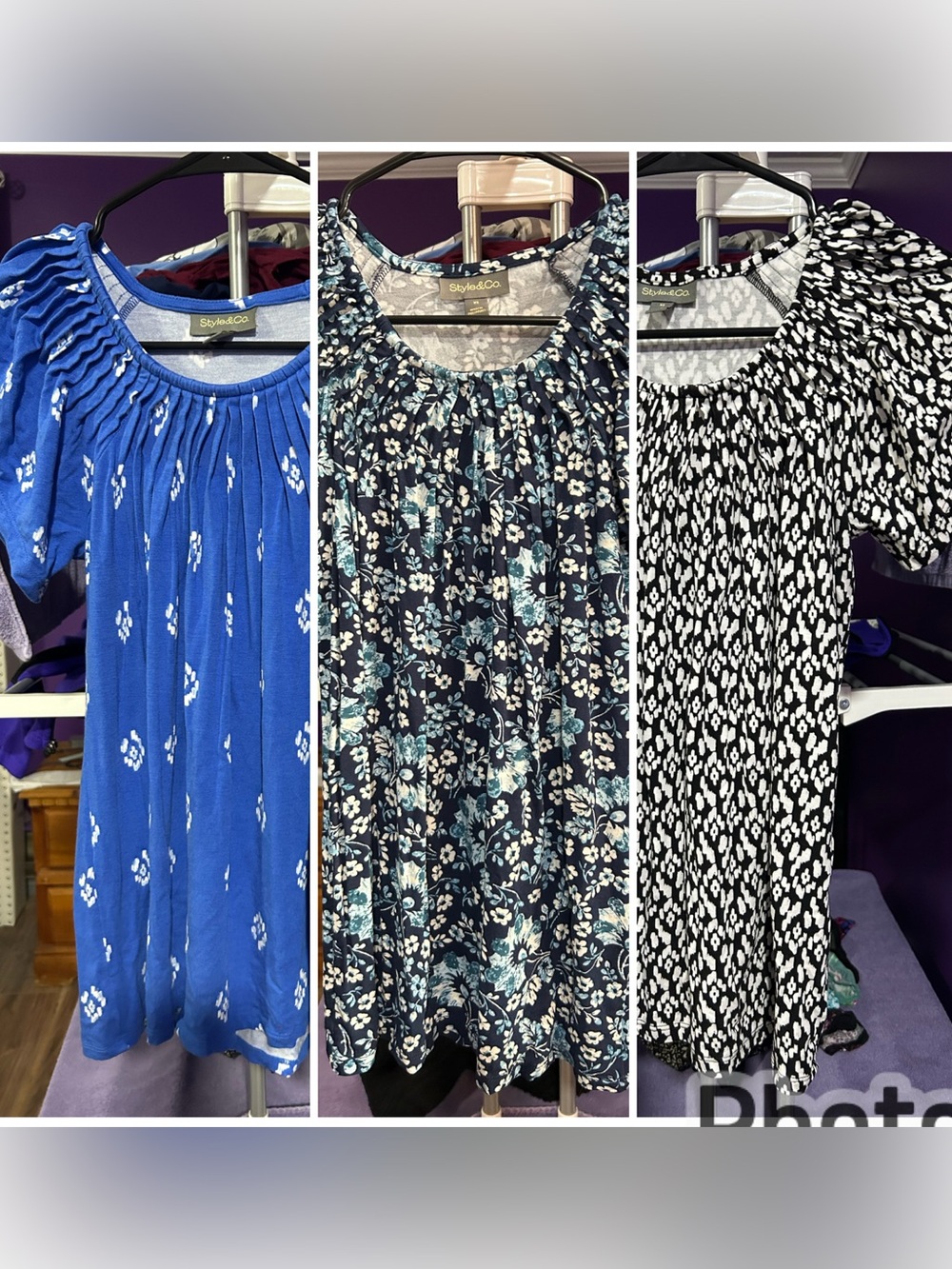 Style & Co Womens Pleated Scoop Neck Tops Lot of 3 Floral Geometric Blue Black